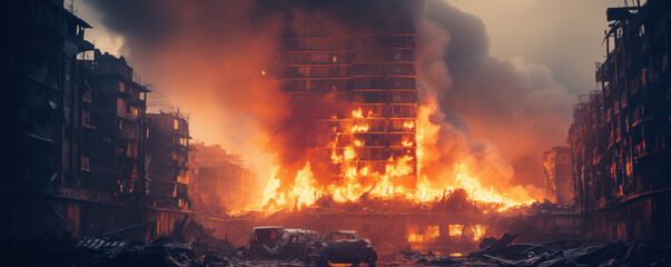 Illustration of the town with buildings on fire after bomb attack during war.