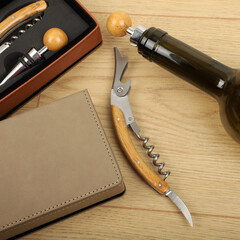 Wine opener set in leather box. Colorful leather boxes. Wine opener and cork. Close-up, top view,...