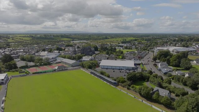 Aerial shot of Claremorris, featuring the Soccer Astro Pitch and Saint Colman's Church