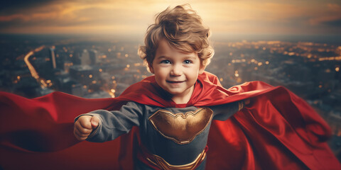 Abstract photography of the cute baby in costume of superhero. - obrazy, fototapety, plakaty