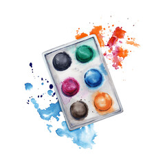 Set of watercolor paints in a palette with colorful splatter. Watercolor illustration isolated on transparent background. Art World Day collection for art classes, stores, flyers, ads, web designs