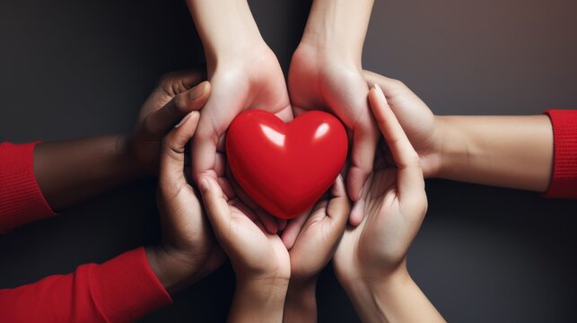 Diverse group of hands holding red heart together. Unity and charity.