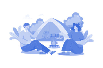 The couple shares a conversation by the campfire.