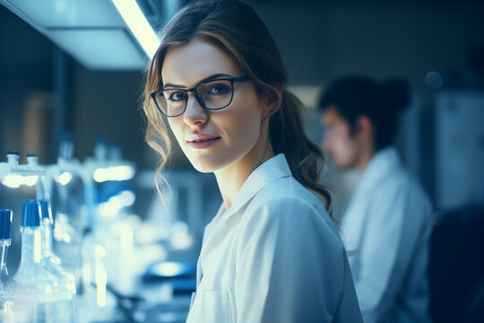 portrait of female researcher carrying out research looking at camera in the lab