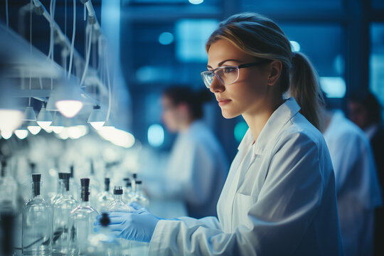 side view of a female researcher carrying out research in the lab