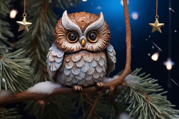 Fototapeta premium Very cute little owlet close up, christmas, snow, moon stars, garland, tree with generative ai