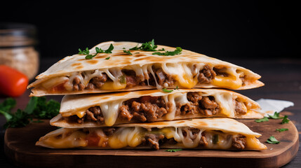 Close up Quesadilla with miced beef and melted cheese 