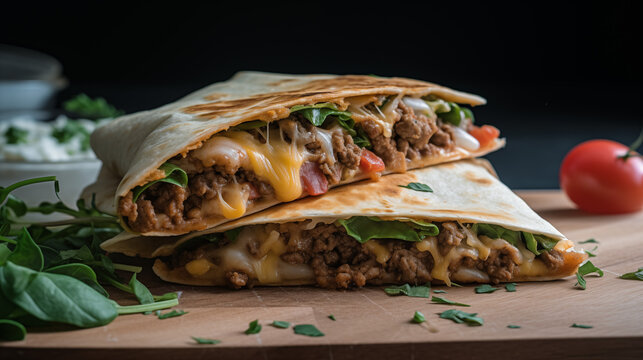 Quesadilla with tomato beanc miced beef and melted chese black background