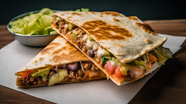 Quesadilla with tomato beanc miced beef and melted chese, side salad