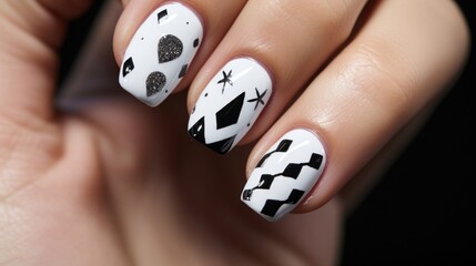 A closeup of a black and white nail design, featuring tiny handpainted hearts and arrows representing a modern and edgy take on Valentines Day.