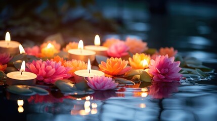 A stunning arrangement of floating candles in various sizes, shapes, and colors rests atop a serene pond, adding a touch of magic to the natural beauty of the scene.