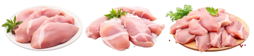 Collection of PNG. Raw chicken meat isolated on a transparent background.