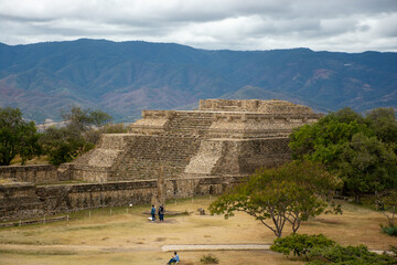 Beautiful view on a cloudy day at the archaeological site of Monte Alban, Oaxaca.   - obrazy, fototapety, plakaty
