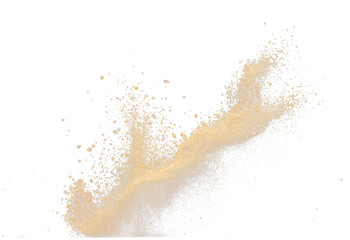 Big size Sand flying explosion, Golden grain wave explode. Abstract cloud fly. Yellow colored sand splash throwing in Air. Black background Isolated selective focus blur