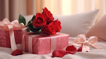 Romantic gift box with red roses on bed. Valentine's Day and romance.