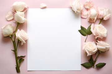 A blank sheet of paper surrounded by roses with copy space for advertisement. Valentine's day concept