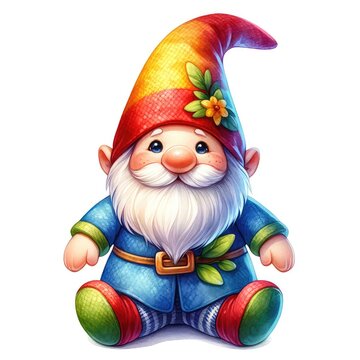 A gnome plush toy depicted in a clipart style, featuring vivid, high-definition colors. The plush is illustrated using a watercolor technique