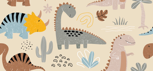 Seamless pattern with hand drawn dinosaur in Childish  style.