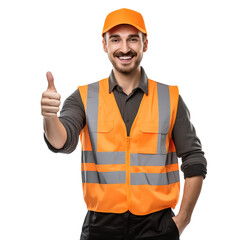 Employee man wearing safety vest and posing doing thumbs up at camera. Isolated over transparent background