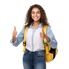 Female Latin American university student posing with a smile giving thumbs up. Posing over white transparent background