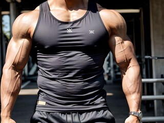 Fototapeta na wymiar Zoomed Muscular Bodybuilder in Black Tank Top Looking Hot