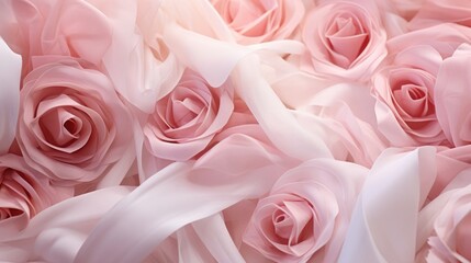 Multiple ribbons of varying sizes and shades of rose, adorning a blank canvas like the layers of a blooming love story.