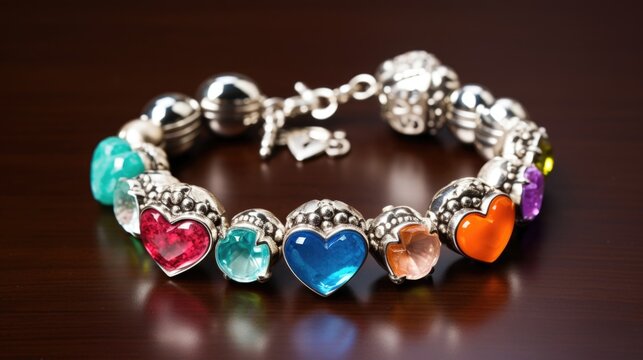 A heartshaped charm bracelet adorned with a mix of colorful gemstones and silver beads, giving it a fun and whimsical look.