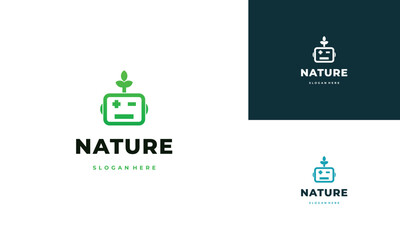 nature robot logo design, robot head combine with leaf logo