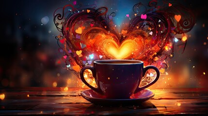 Magical heart steam rising from coffee cup