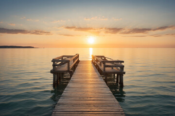 A quiet pier without people overlooking the open sea at sunset - obrazy, fototapety, plakaty
