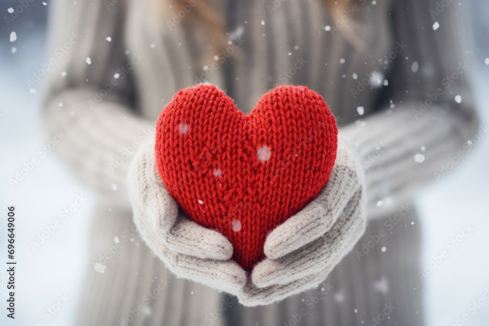 Poster knitted heart in hands. background with selective focus and copy space