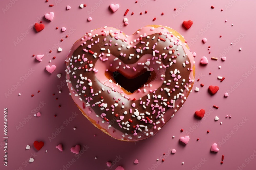 Poster donut in the shape of a heart. background with selective focus and copy space