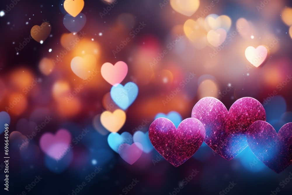 Poster festive card backdrop with hearts. background with selective focus and copy space