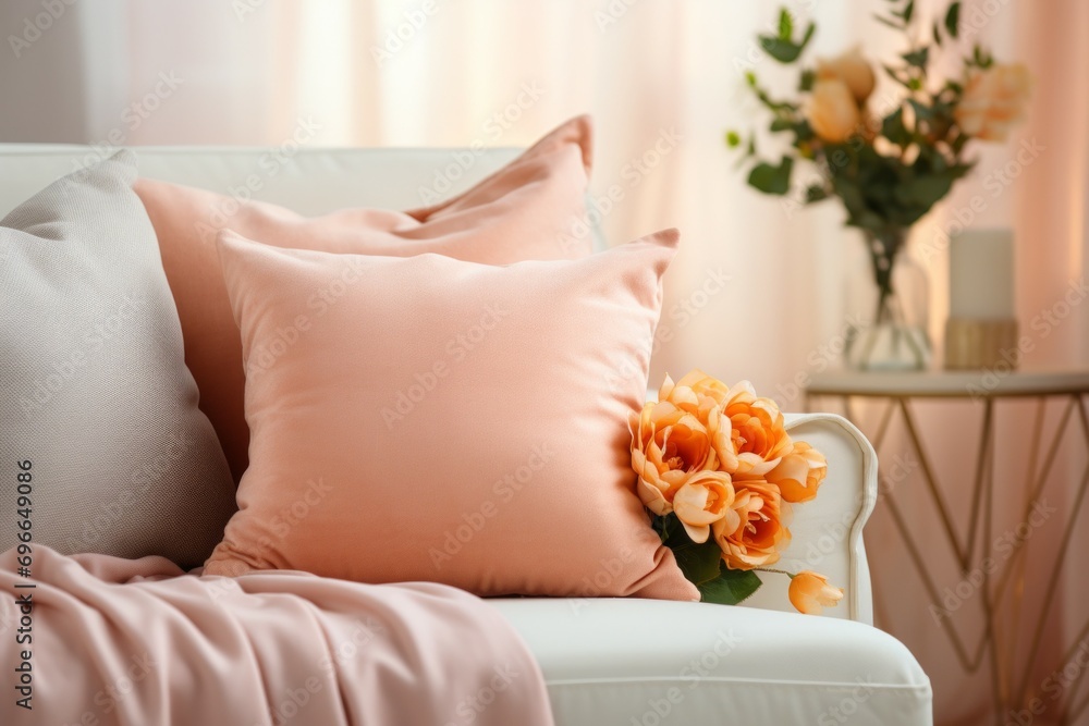 Aufkleber pillow in trendy color peach fuzz. background with selective focus and copy space