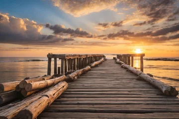 Tuinposter Pier with weathered wooden logs at sunset © M. Faisal Riza