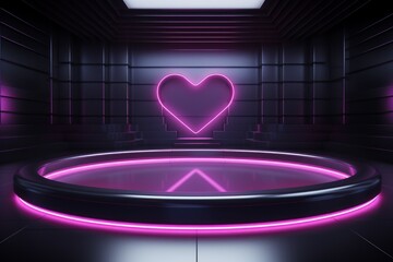Abstract heart in neon light, love concept. Background with selective focus and copy space