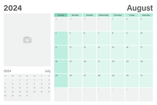 August 2024 table calendar or desk planner with space for your picture, vector design, weeks start on Sunday