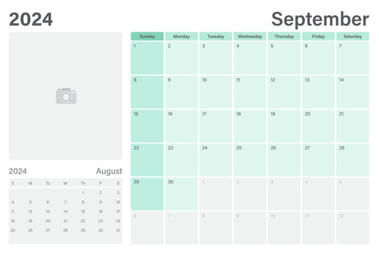 September 2024 table calendar or desk planner with space for your picture, vector design, weeks start on Sunday