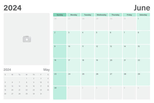 June 2024 table calendar or desk planner with space for your picture, vector design, weeks start on Sunday