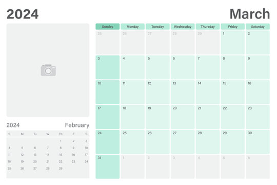March 2024 table calendar or desk planner with space for your picture, vector design, weeks start on Sunday