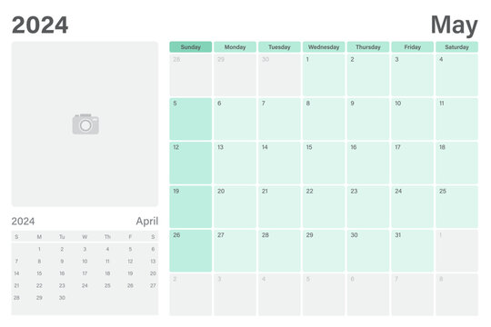 May 2024 table calendar or desk planner with space for your picture, vector design, weeks start on Sunday