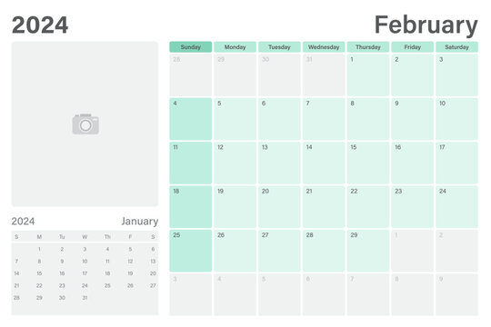 February 2024 table calendar or desk planner with space for your picture, vector design, weeks start on Sunday