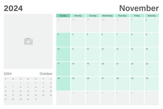 November 2024 table calendar or desk planner with space for your picture, vector design, weeks start on Sunday