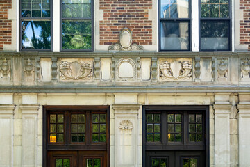 Entrance facade of an old residential building in Brookline, MA, USA