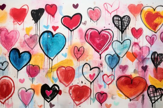 Watercolor hearts in the style of children's drawing, background. Valentine's day concept. Backdrop with copy space