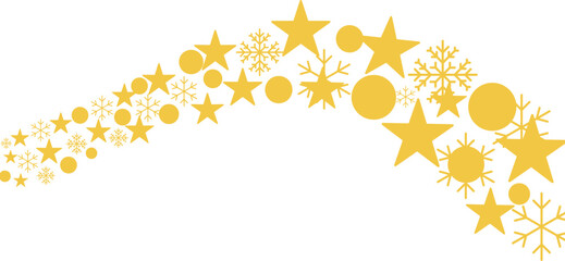 Star, circle and snowflake gold glitter elements with curved lines pattern and transparent background 