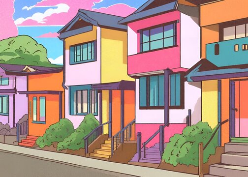 Colorful houses manga style cool for cartoon or illustration of a colorful street