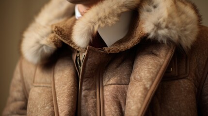A closeup of a furlined jacket collar, adding a touch of warmth and indulgence to an otherwise simple and understated outfit.