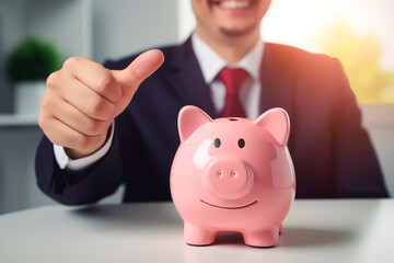 Businessman gives a thumbs up beside a pink piggy bank, symbolizing a positive saving money concept and financial success.






