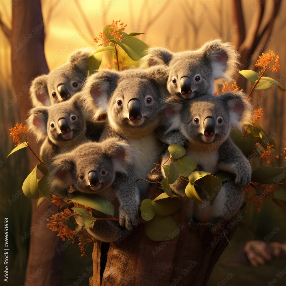 Poster a group of koalas sitting in a tree. generative ai.